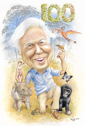Caricature of Sir David Attenborough to celebrate his 100th birthday.